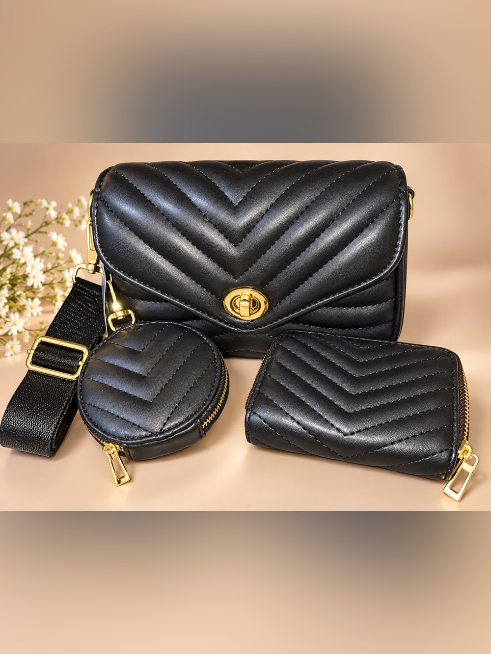 Black Quilted Chevron Leather Crossbody Bag with Coin Pouch and Wallet